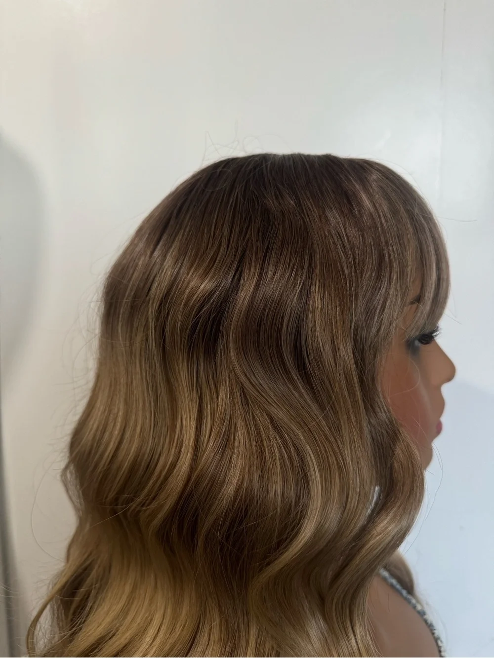 Long Wavy Ombre Wig with Bangs Brown to Honey Blonde Balayage Heat Friendly